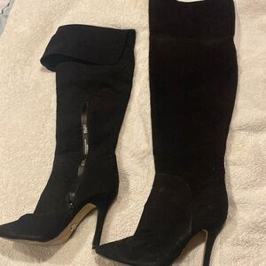 Knee high heel black suede boots